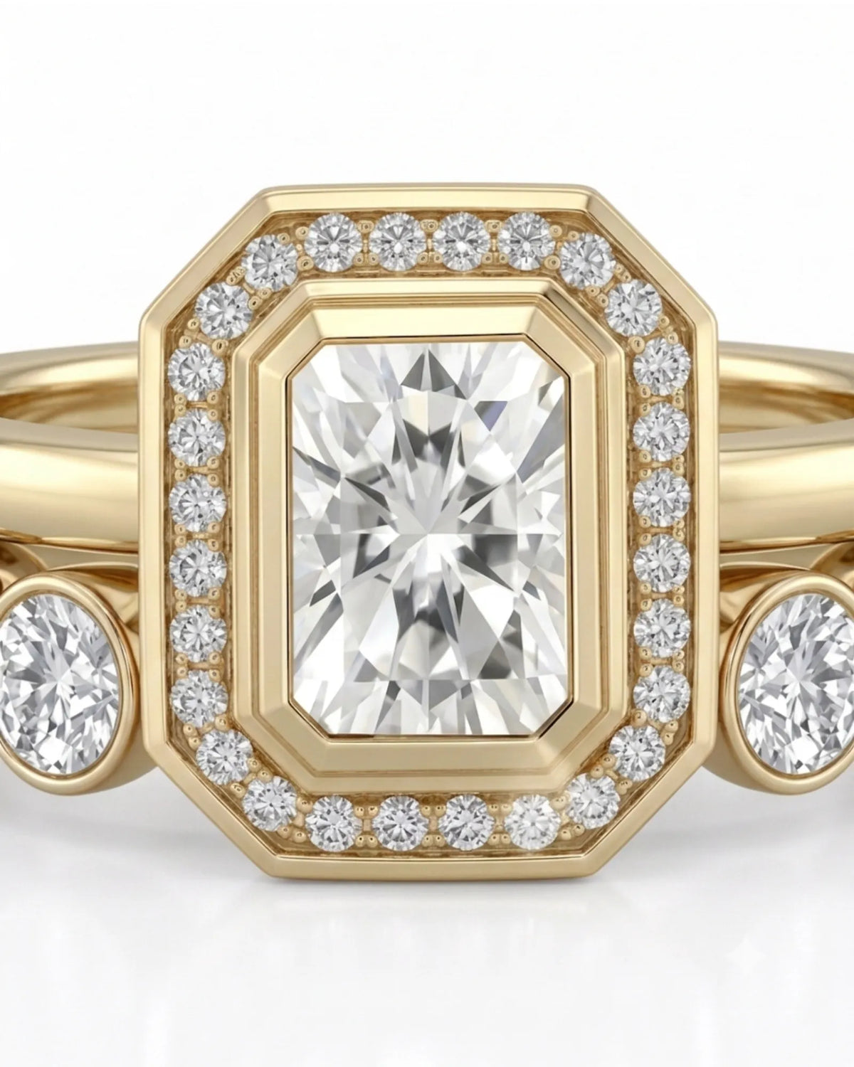 Radiant cut moissanite wedding set for a distinctive modern engagement in 18K yellow gold | SARATTI