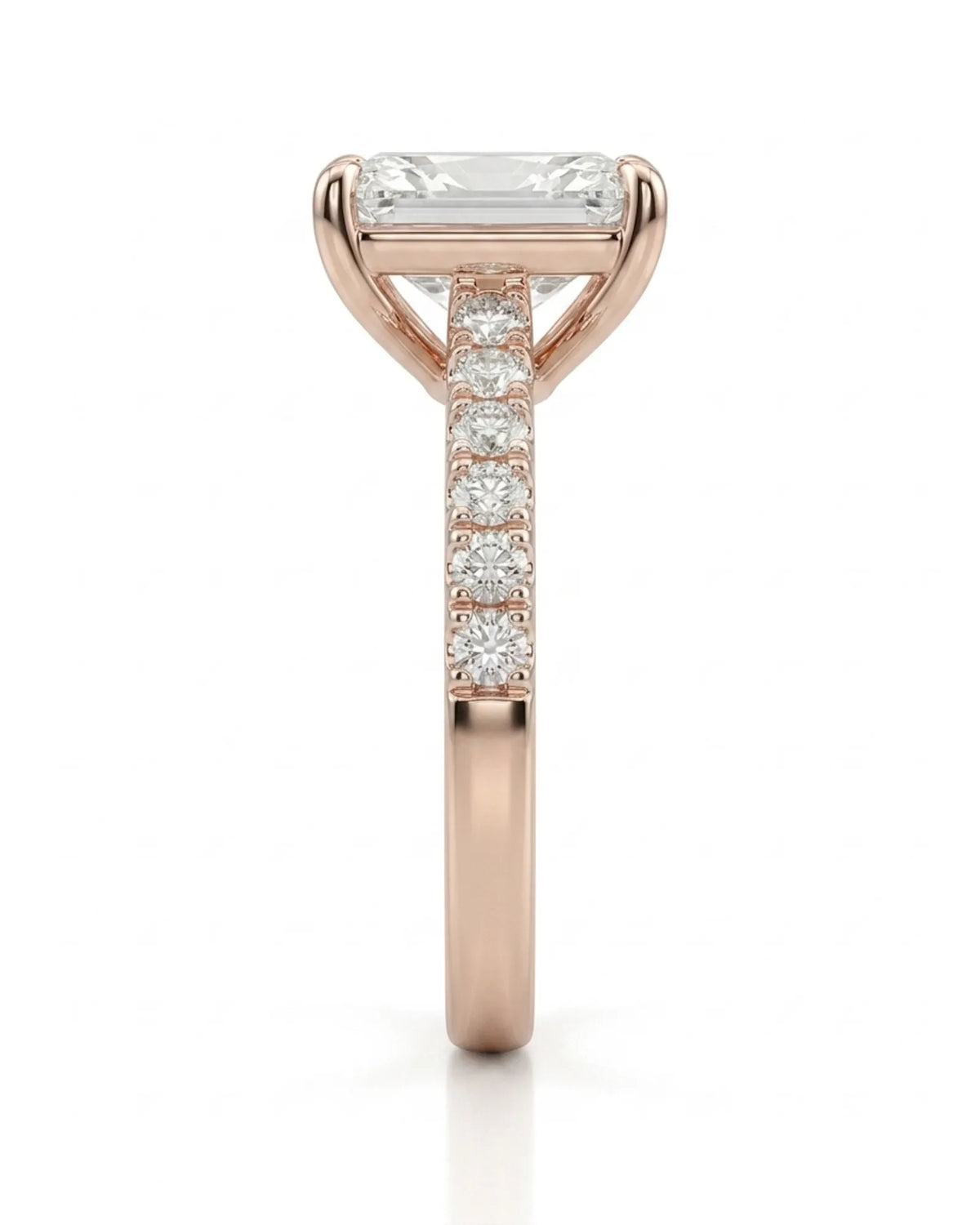 Radiant moissanite center stone ring with round side stones in rose gold | SARATTI