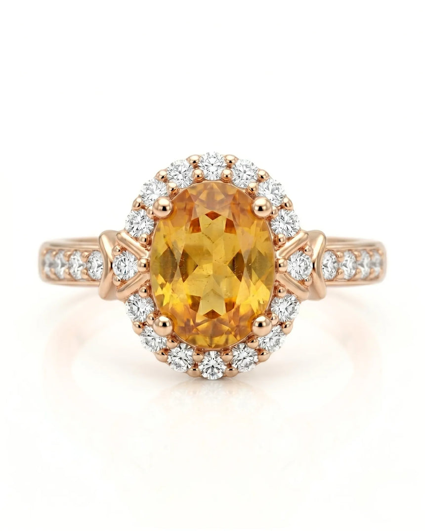 Radiant yellow sapphire ring with round diamond halo in romantic rose gold | SARATTI