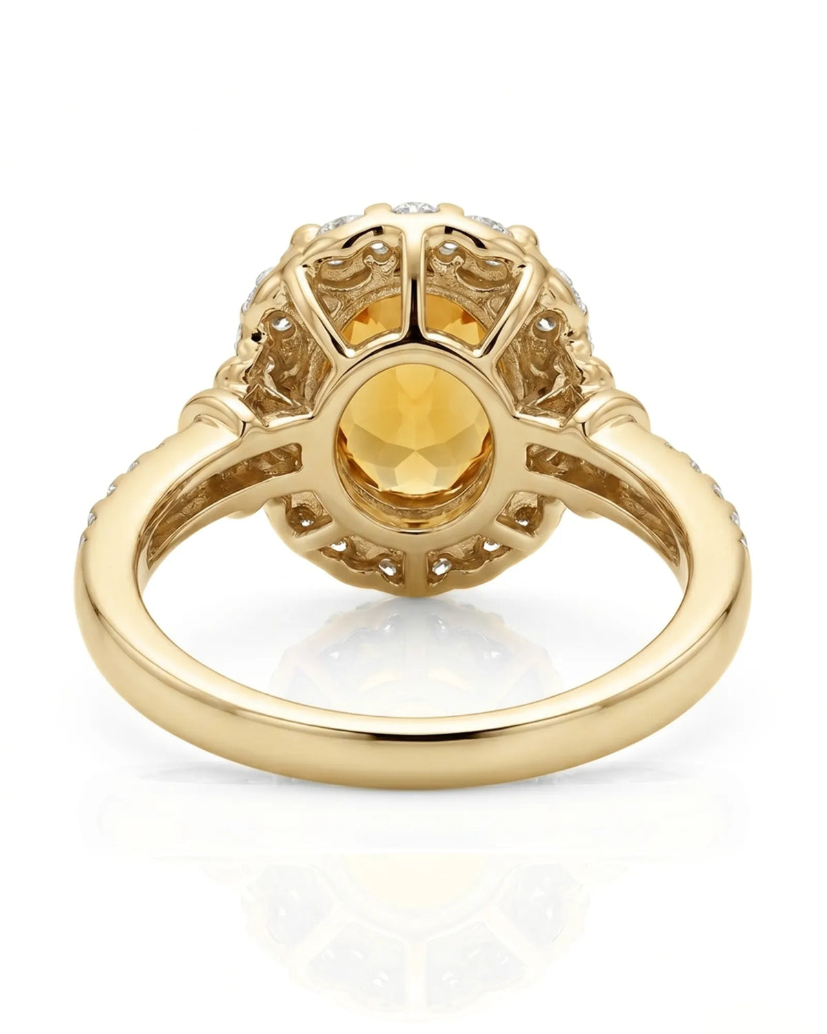 Radiant yellow sapphire ring with round diamond halo in warm yellow gold | SARATTI