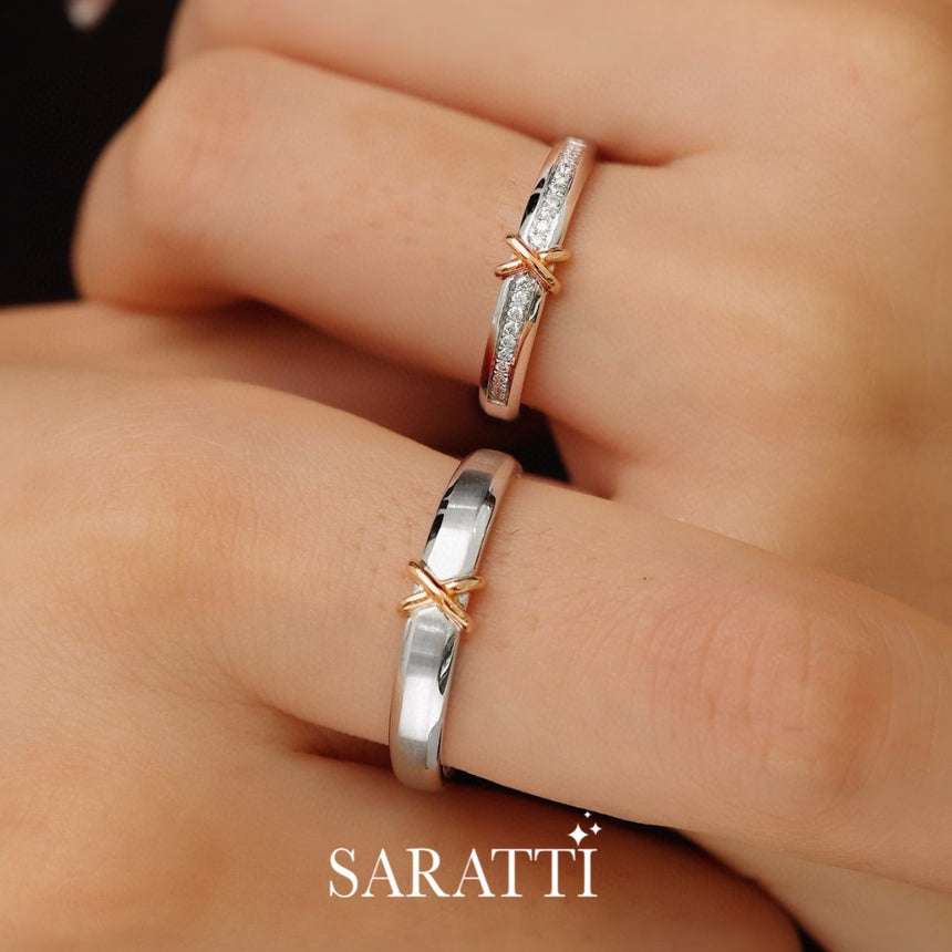 Real White and Rose Gold X Design Wedding Band Ring for Women and Men | Saratti