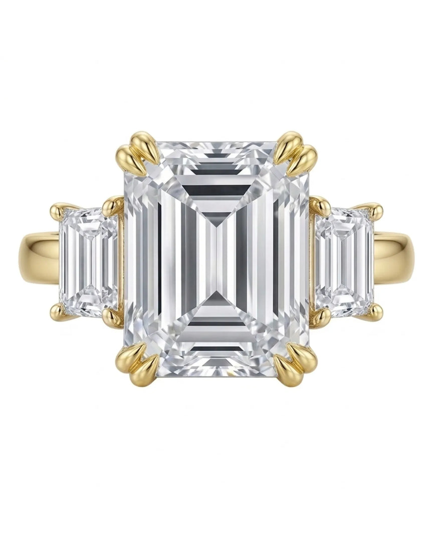 Rectangle moissanite ring with emerald side stones and polished yellow gold band | SARATTI