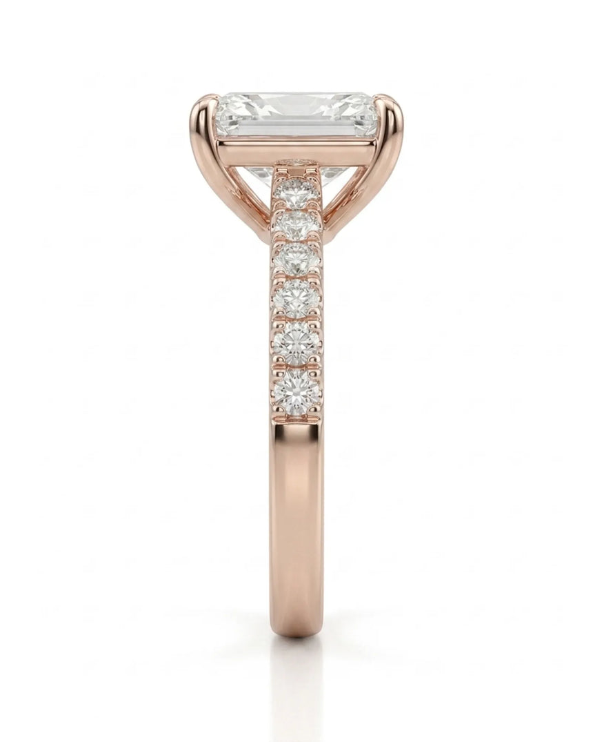 Rectangular radiant-cut natural diamond ring accented by pavé diamonds in refined 18K rose gold | SARATTI