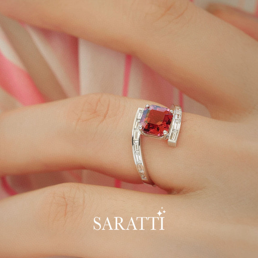 Side view of the Model wearing the  Passion Amour Red Tourmaline and Diamond Ring | Saratti Fine Jewelry