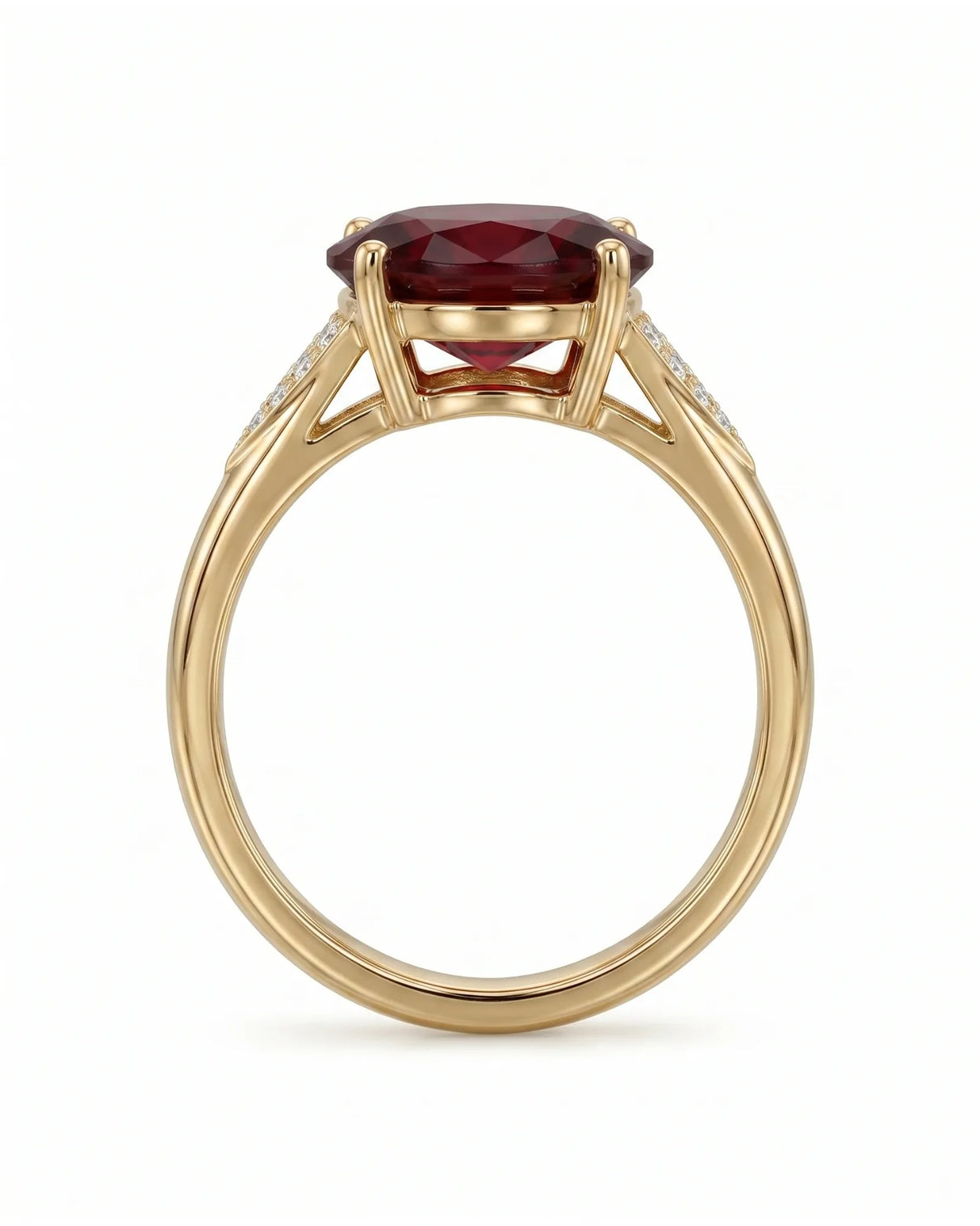 Red garnet engagement ring with tapered diamond shoulders in 18K yellow gold | SARATTI