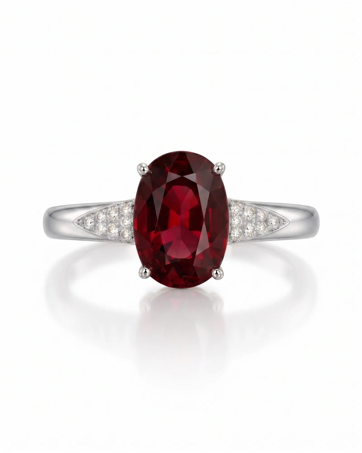 Red garnet engagement ring with tapered diamond shoulders in premium platinum | SARATTI
