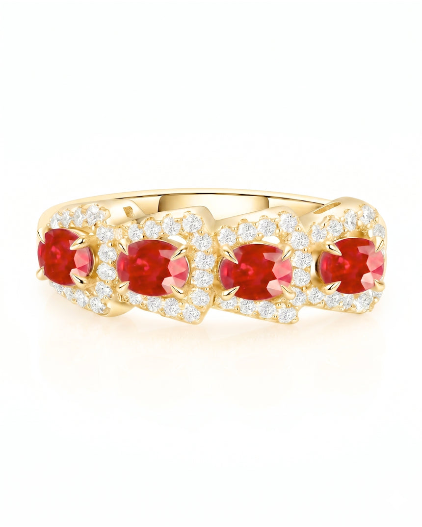 Red ruby and diamond anniversary band for elegant gifting in 18K Yellow Gold | SARATTI