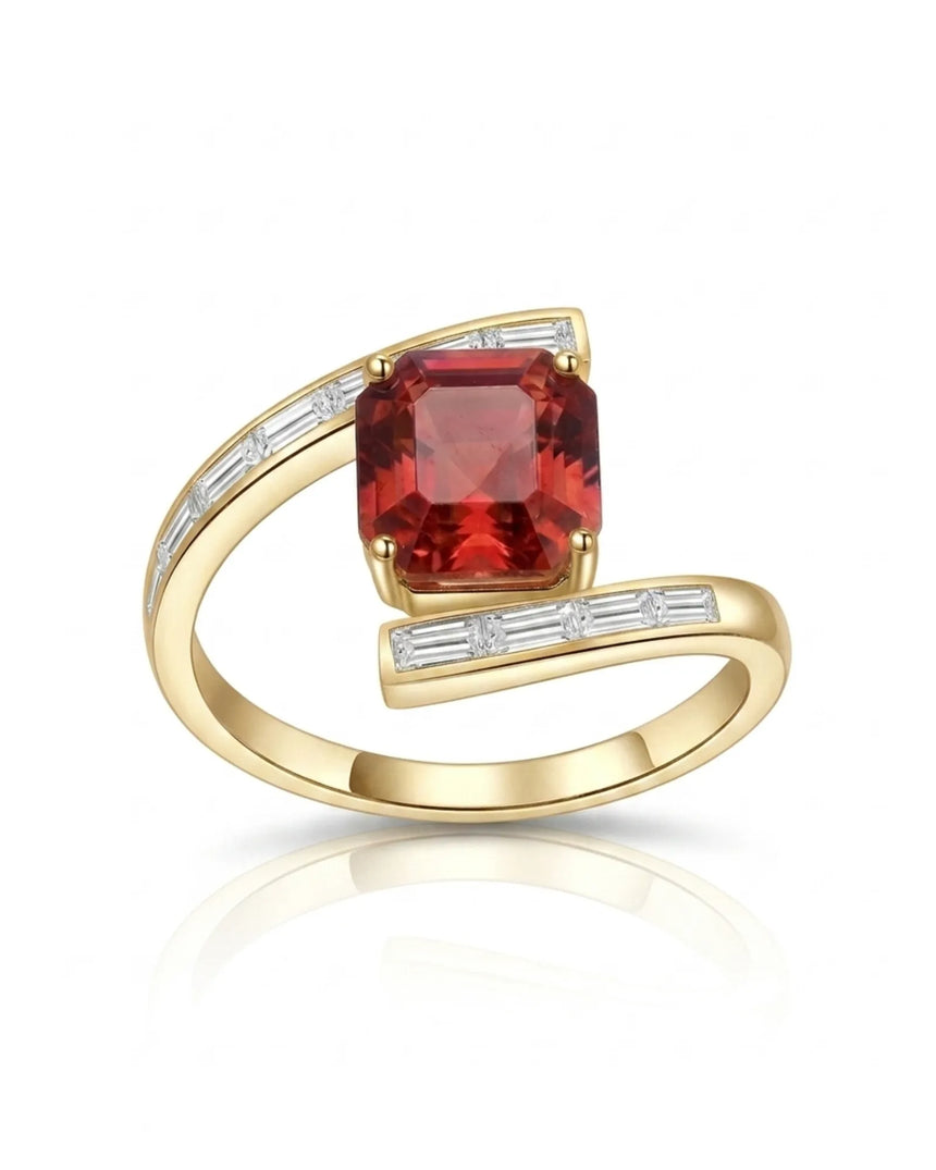 Red tourmaline engagement ring with curved baguette diamond band in 18K yellow gold | SARATTI