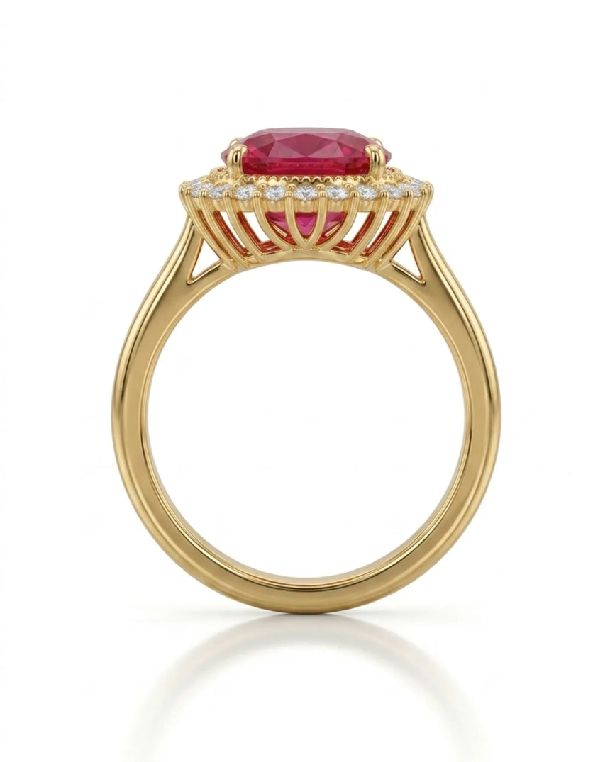 Red tourmaline engagement ring with ornate diamond halo in 18K yellow gold | SARATTI
