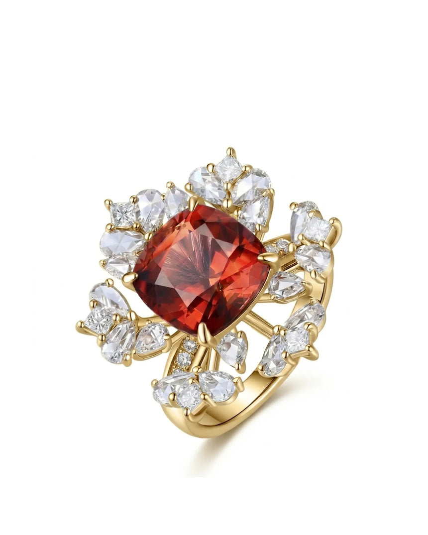 Red tourmaline ring with cushion center stone and rose cut diamonds in 18K yellow gold | SARATTI