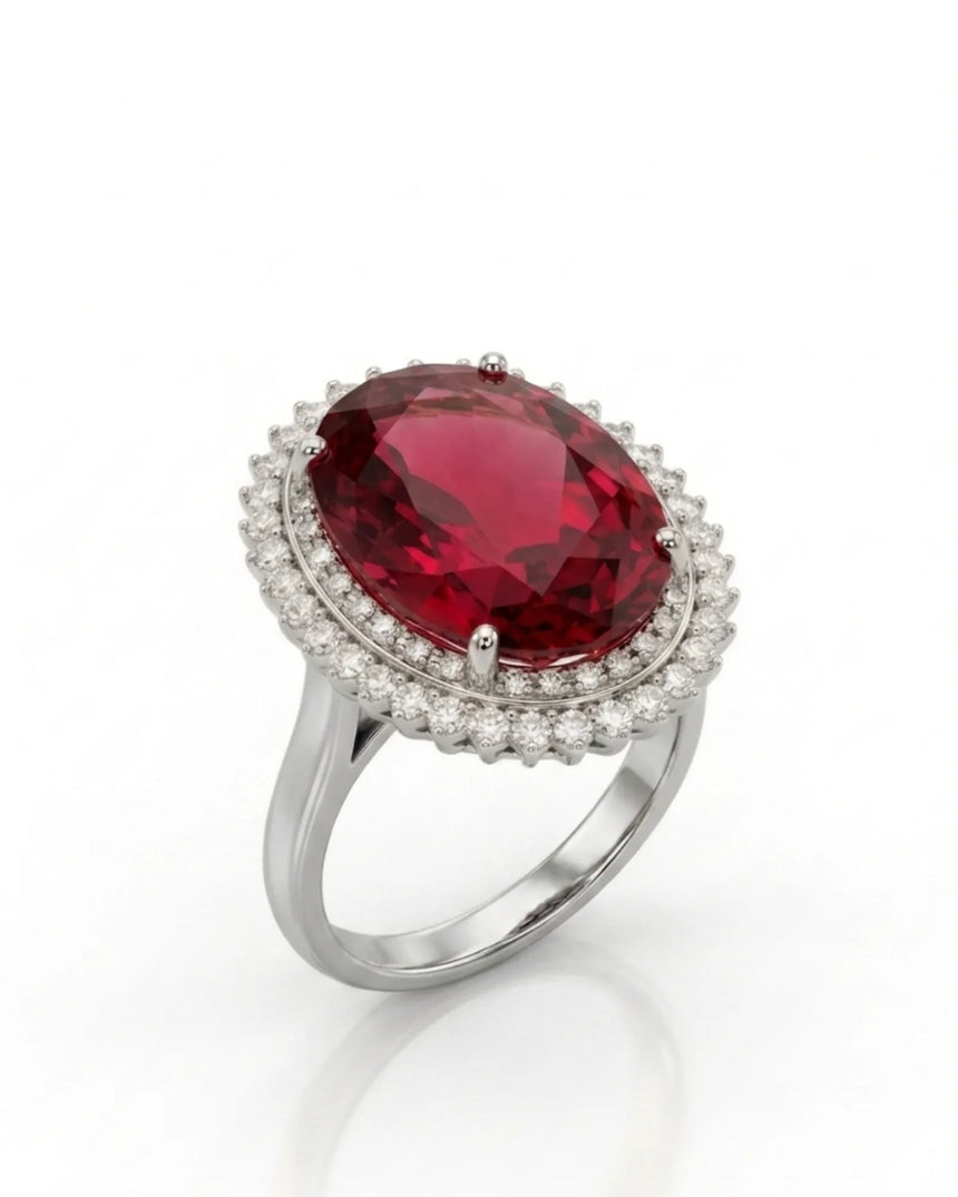Red tourmaline ring with oval center stone and double diamond halo in 18K white gold | SARATTI