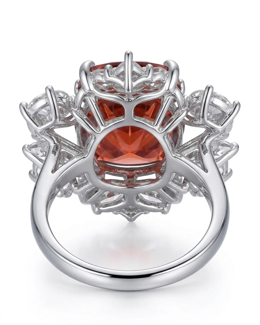 Red tourmaline statement ring with rose cut diamond halo for luxury celebration wear | SARATTI