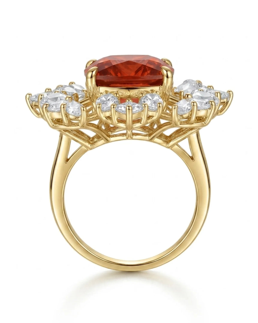 Red tourmaline statement ring with rose cut diamond halo for milestone celebrations | SARATTI