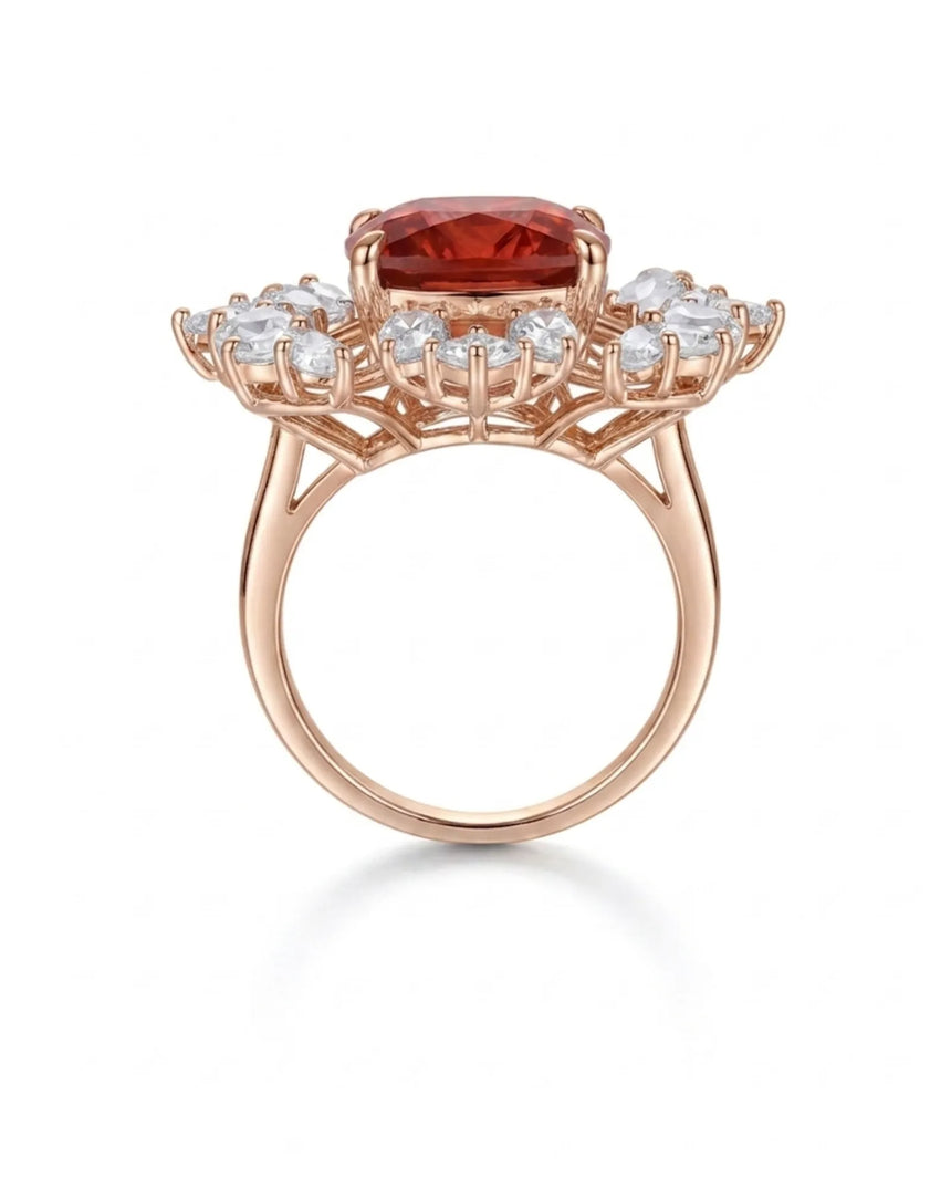 Red tourmaline statement ring with rose cut diamond halo for romantic gifting | SARATTI