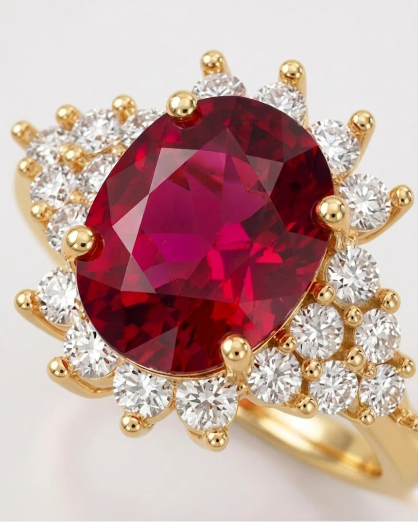 Reddish pink oval tourmaline ring with round brilliant diamonds in 18K yellow gold | SARATTI