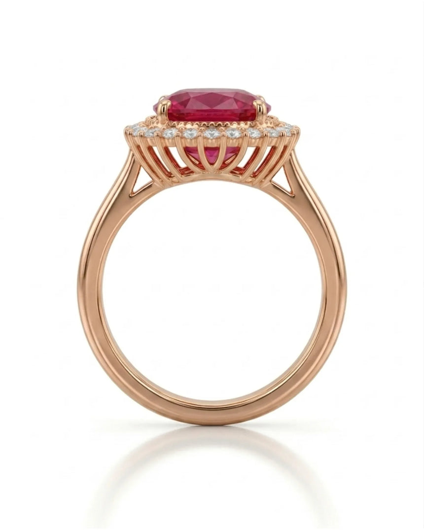 Regalia Crimson red tourmaline diamond halo ring in romantic 18K rose gold | SARATTI