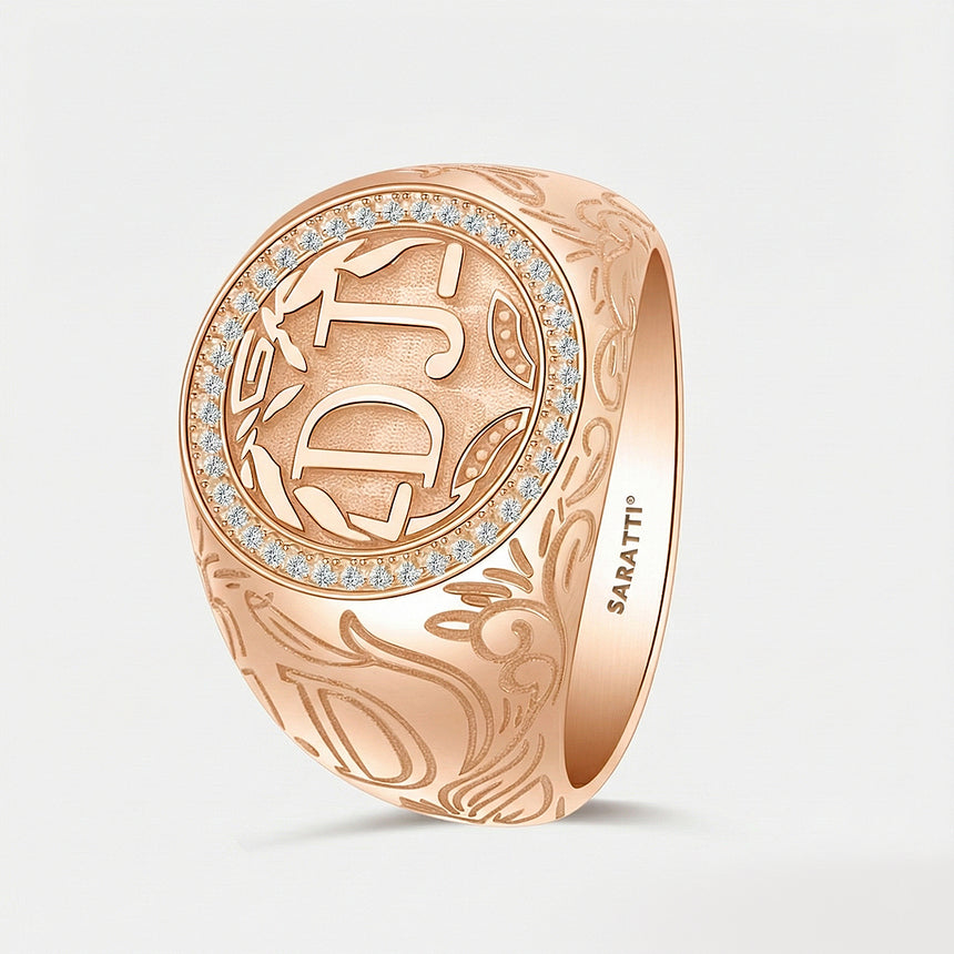 Regalia d’oro II diamond halo signet ring in 18k rose gold with custom monogram | SARATTI