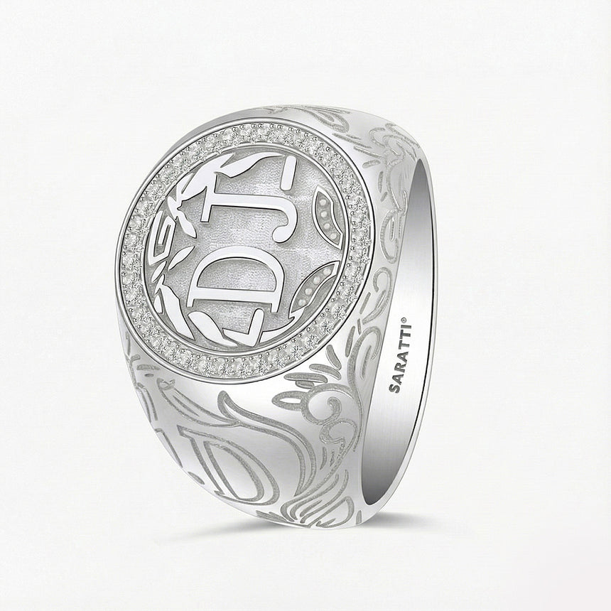 Regalia d’oro II diamond halo signet ring in 18k white gold with custom monogram | SARATTI