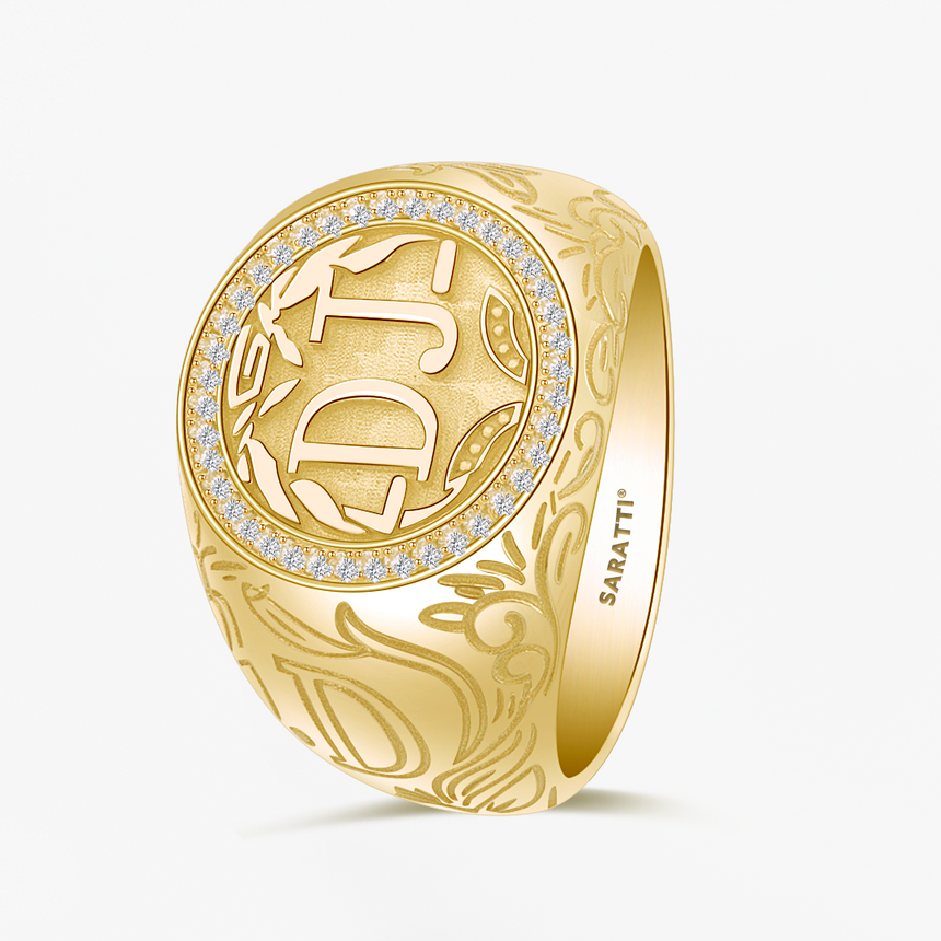 Regalia d’oro II diamond halo signet ring in 18k yellow gold with custom monogram | SARATTI