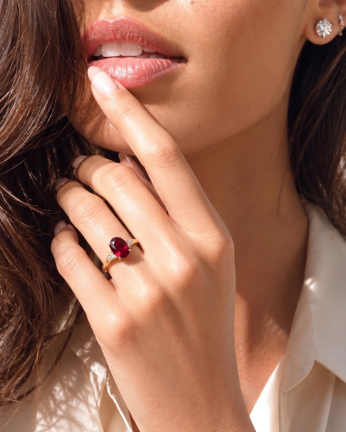 Regalis tapered diamond tourmaline ring with oval red gemstone in 18K yellow gold | SARATTI
