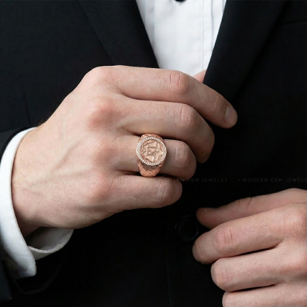 Regent halo men’s diamond signet ring 18k rose gold pavé halo textured crest design | SARATTI