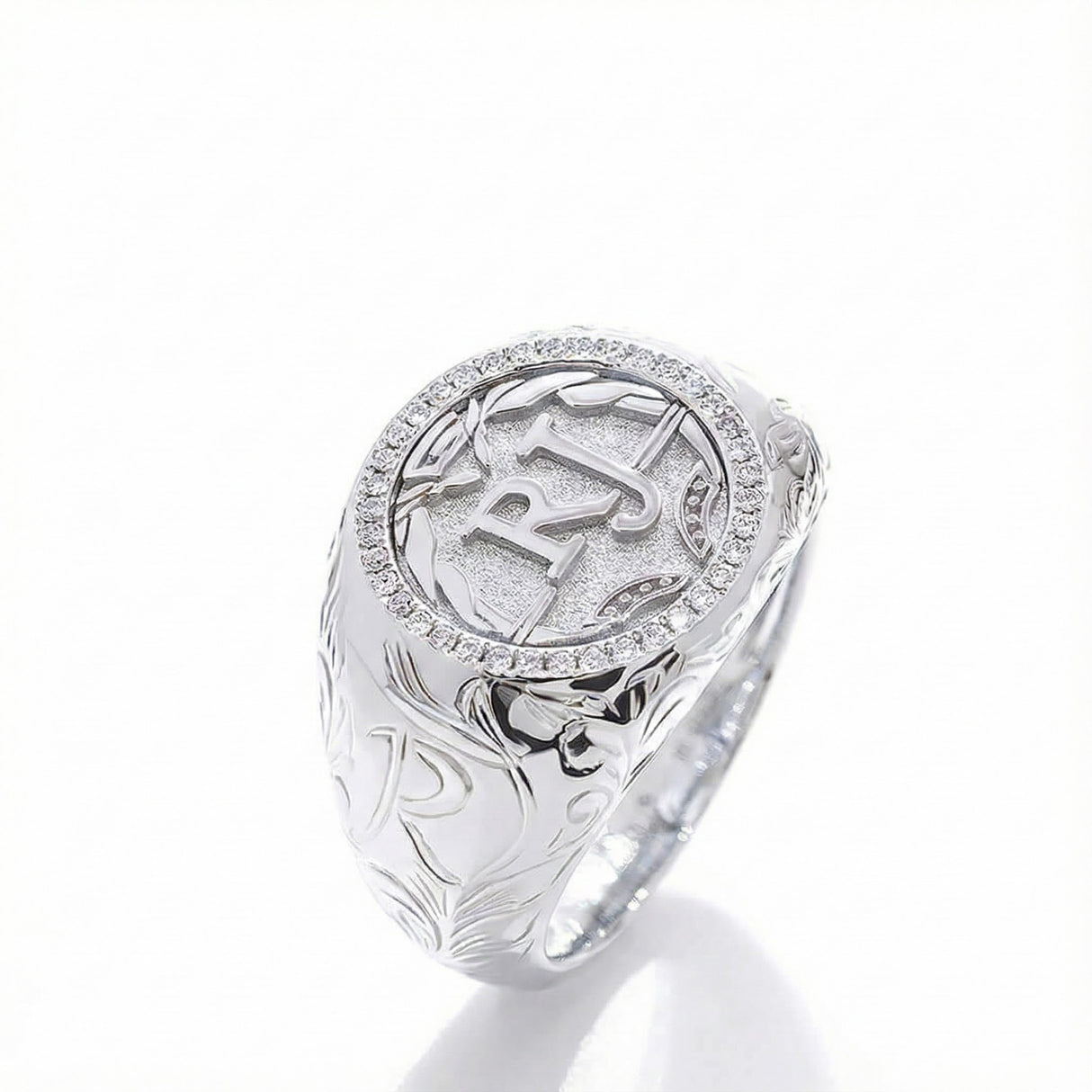 Regent halo men’s diamond signet ring platinum pavé halo engraved crest design | SARATTI