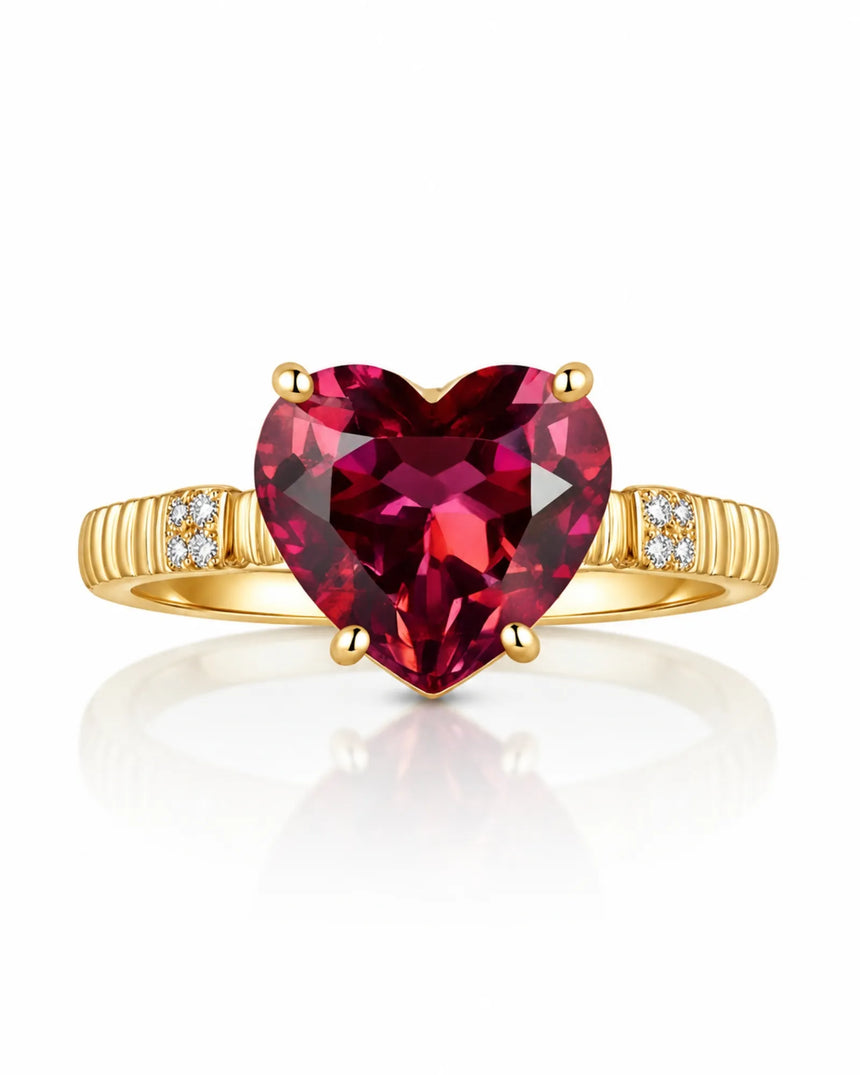 Rich crimson heart tourmaline ring with natural diamond accents in 18K Yellow Gold | SARATTI
