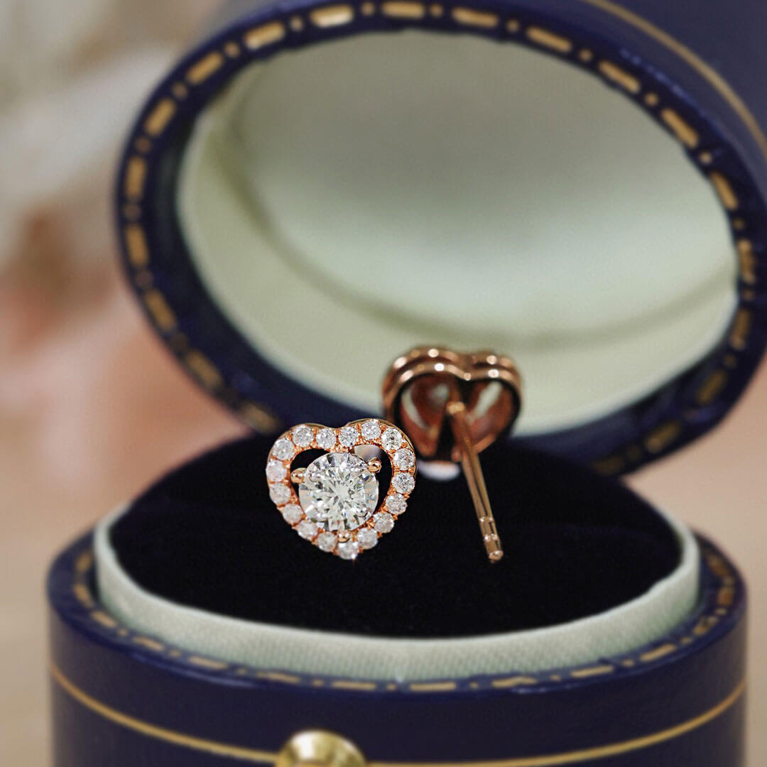 Prong Set Tiny Diamond Halo Stud Earrings in Earring Box | Saratti | Custom High and Fine Jewelry 
