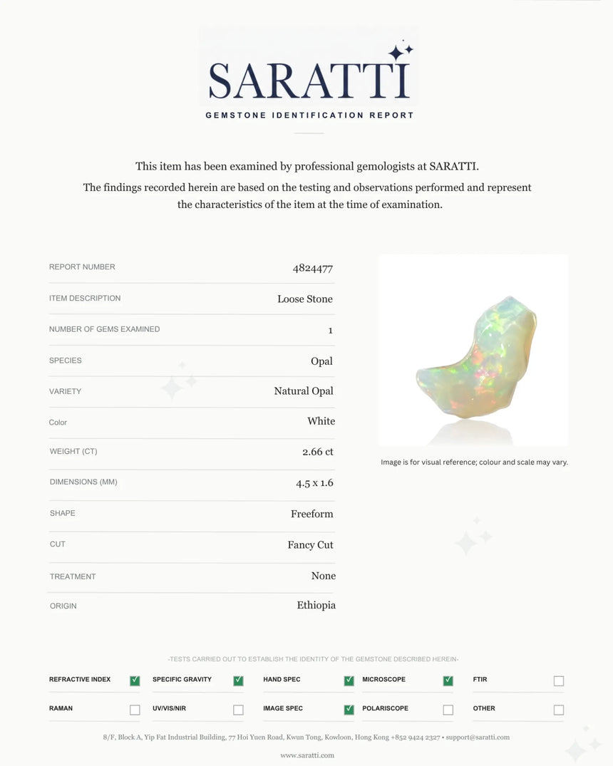 Alternate angle of 2.66ct White Opal with vivid colour play - SARATTI