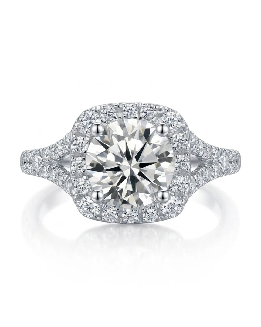 Romantic cushion moissanite proposal ring with pavé halo and split shank crafted in platinum | SARATTI