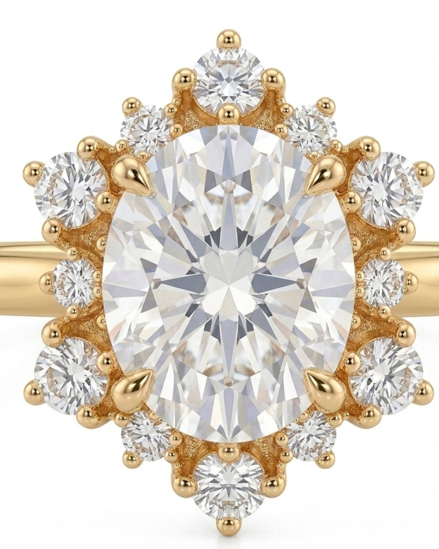 Romantic floral moissanite ring with oval center and crown-like halo in 18K yellow gold | SARATTI