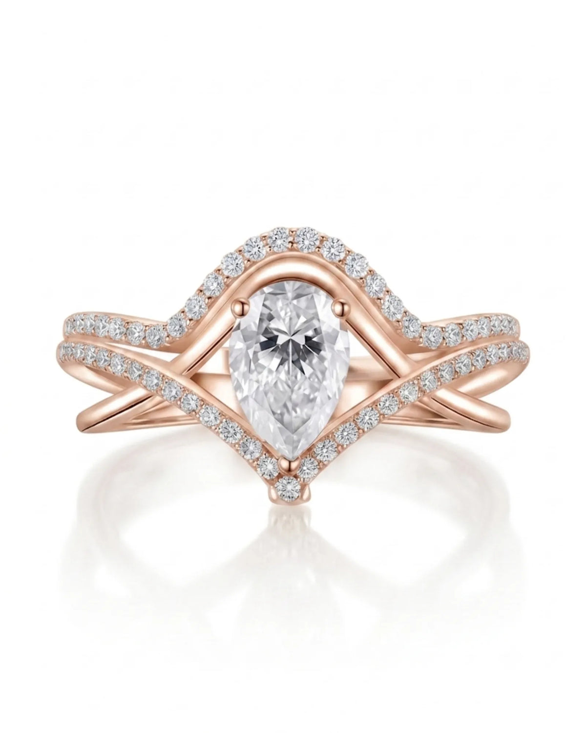 Romantic pear moissanite wedding set with curved bands for an individual rose gold engagement | SARATTI