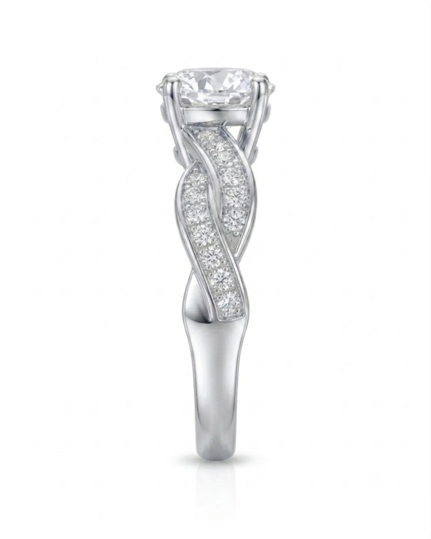 Romantic round moissanite proposal ring with twisted shank crafted in refined enduring platinum | SARATTI