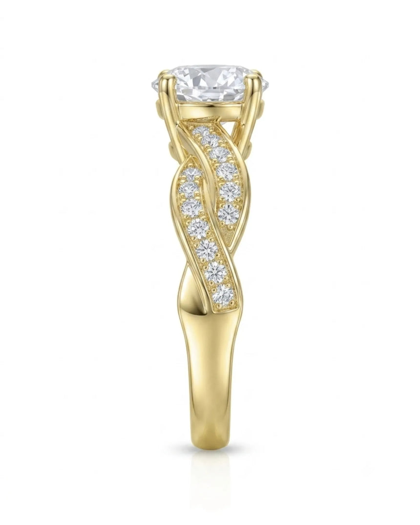 Romantic round moissanite proposal ring with twisted shank crafted in rich 18K yellow gold | SARATTI