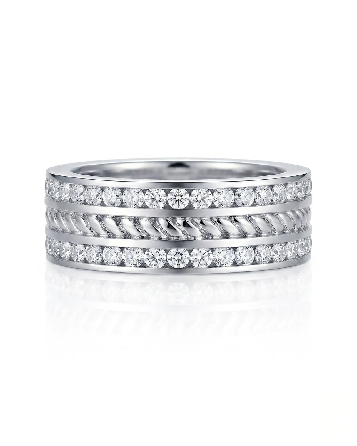 Rope design diamond ring with dual round diamond rows in 18K white gold | SARATTI