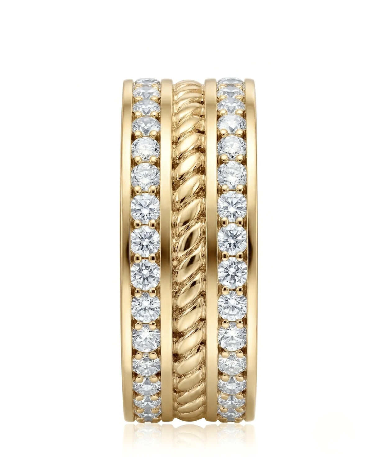 Rope design diamond ring with dual round diamond rows in 18K yellow gold | SARATTI