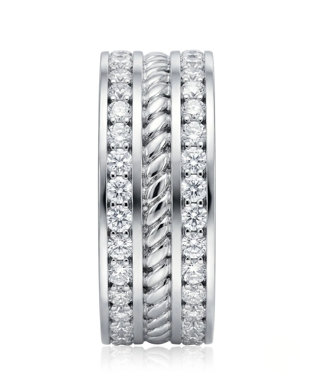 Rope design diamond ring with dual round diamond rows in 925 Sterling Silver - SARATTI