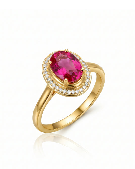 Rosalia oval pink tourmaline ring with diamond halo in 18K Yellow Gold | SARATTI
