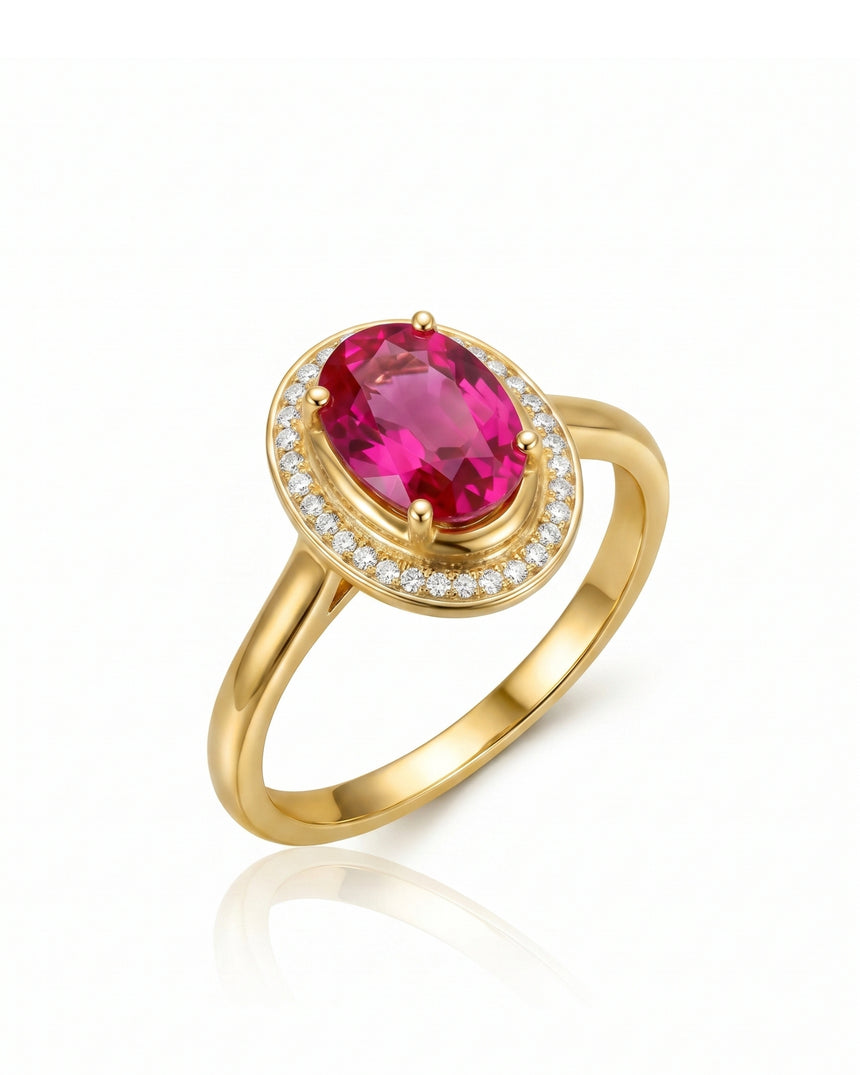 Rosalia oval pink tourmaline ring with diamond halo in 18K Yellow Gold | SARATTI
