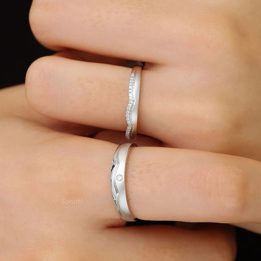 Model Wearing 18K Gold Two Tone White Gold Half Eternity Diamond Band Wedding Set | Saratti