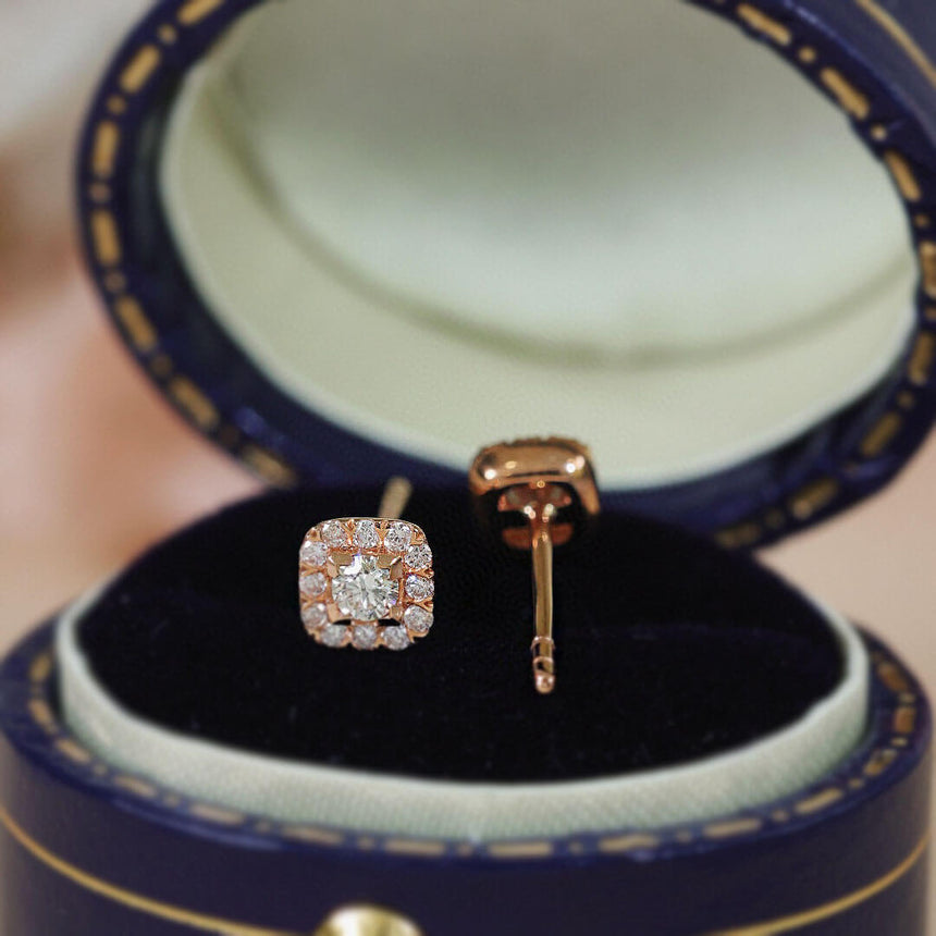 Gorgeous Square Shaped Diamond Stud Earrings in Ring Box | Saratti | Custom High and Fine Jewelry