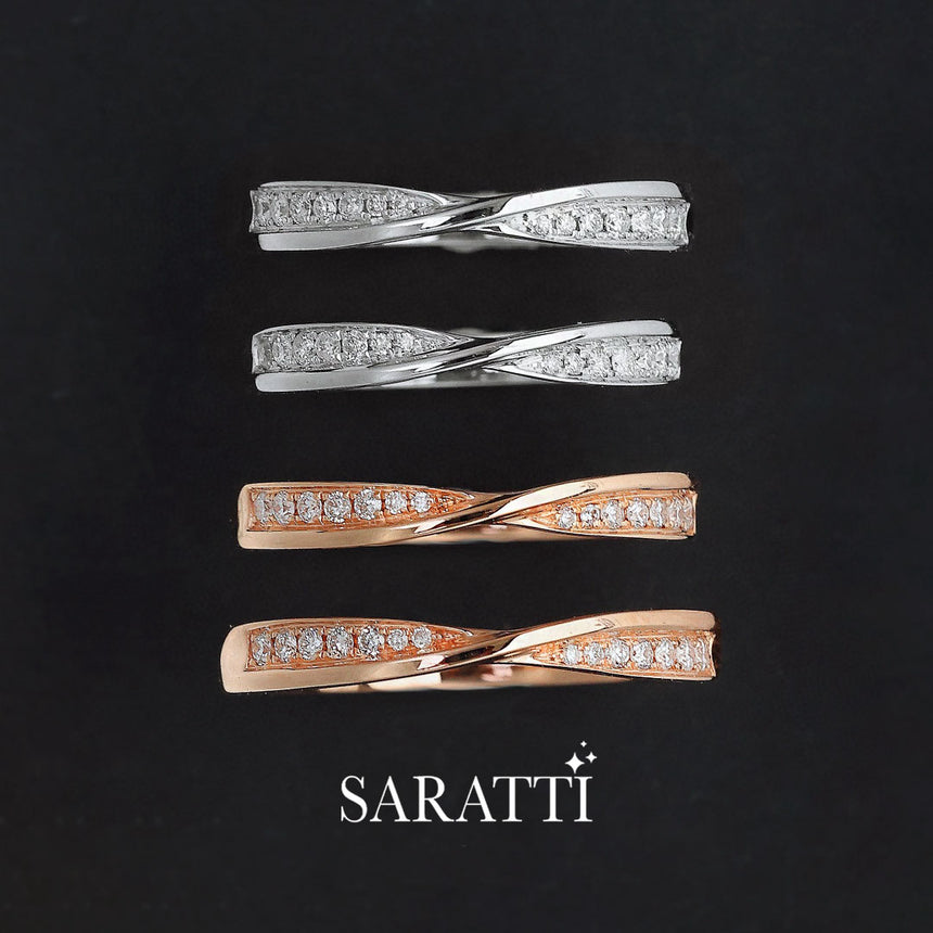 White and Rose Gold Twisted Shank Diamond Eternity Wedding Bands Stacked | Saratti
