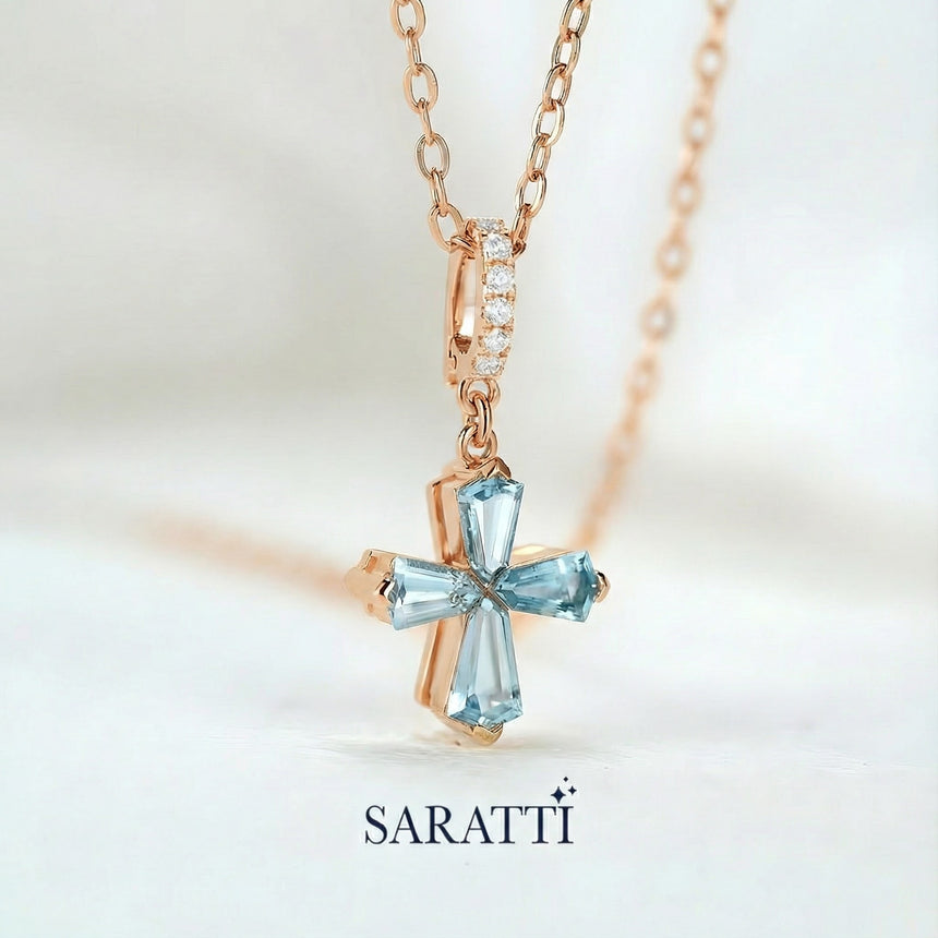 18K Rose Gold Aquamarine Cross Necklace with diamond accents - SARATTI