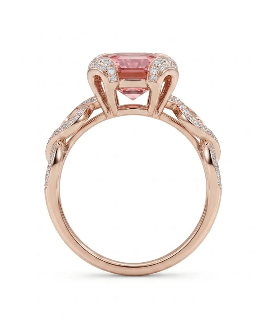 Rose Régale rubellite tourmaline ring with twisting diamond pavé design in 18K rose gold | SARATTI
