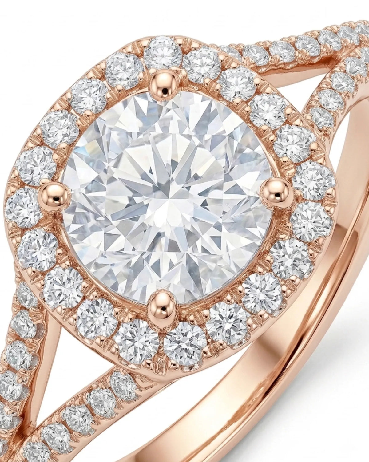 Rose gold moissanite bridal set designed for a radiant and elegant engagement and wedding pairing | SARATTI