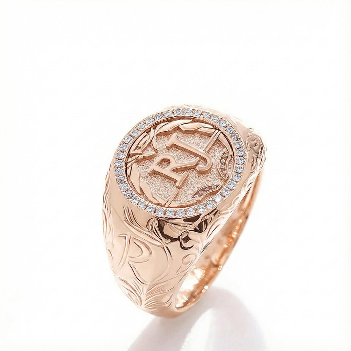 Rose gold ring with engraved design and diamonds on a white background - SARATTI - Signet Diamonds Men Ring