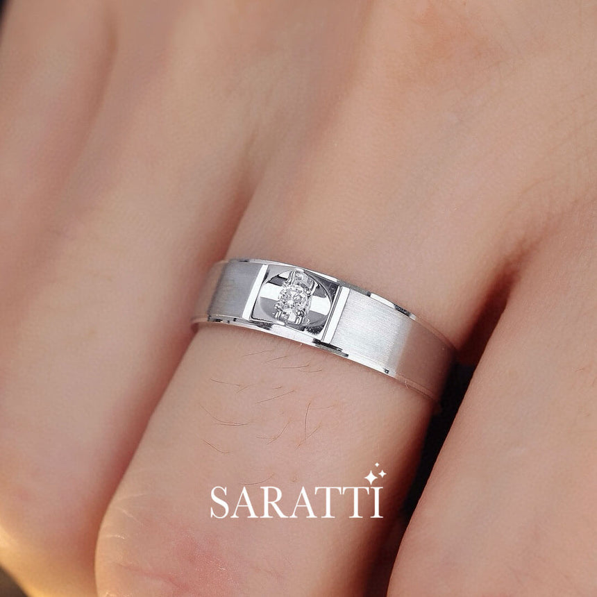 Model Wears White Gold Mandorla Diamond Solitaire Ring for Men | Saratti