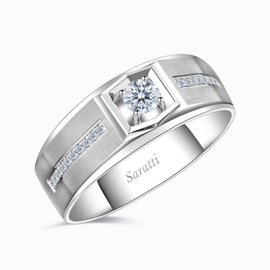 Animus meraki diamond ring for men 18k white gold framed center diamond band | SARATTI