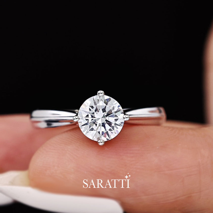 Round Cut Diamond Ring in Cathedral Style with no side stones. Plain Band set in 18K White Gold | Saratti