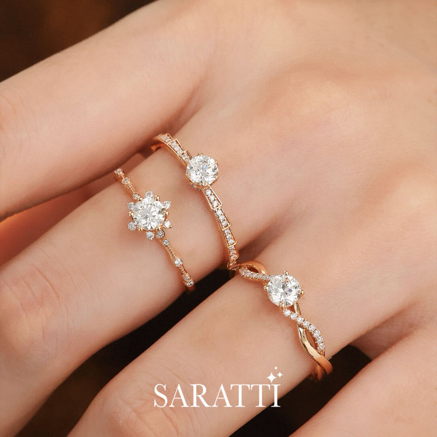 Model Stacks the Echelle d’Amour Diamond Engagement Ring with other rings | Saratti